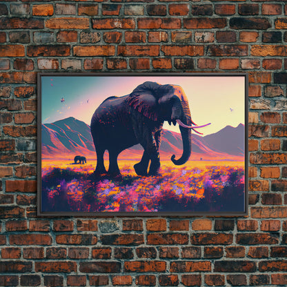 Elephants of Africa, Vibrant and colorful landscape, vaporwave, framed canvas print
