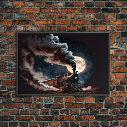 Steampunk Wild West Decor, Steam Train at Midnight, Framed Canvas Print