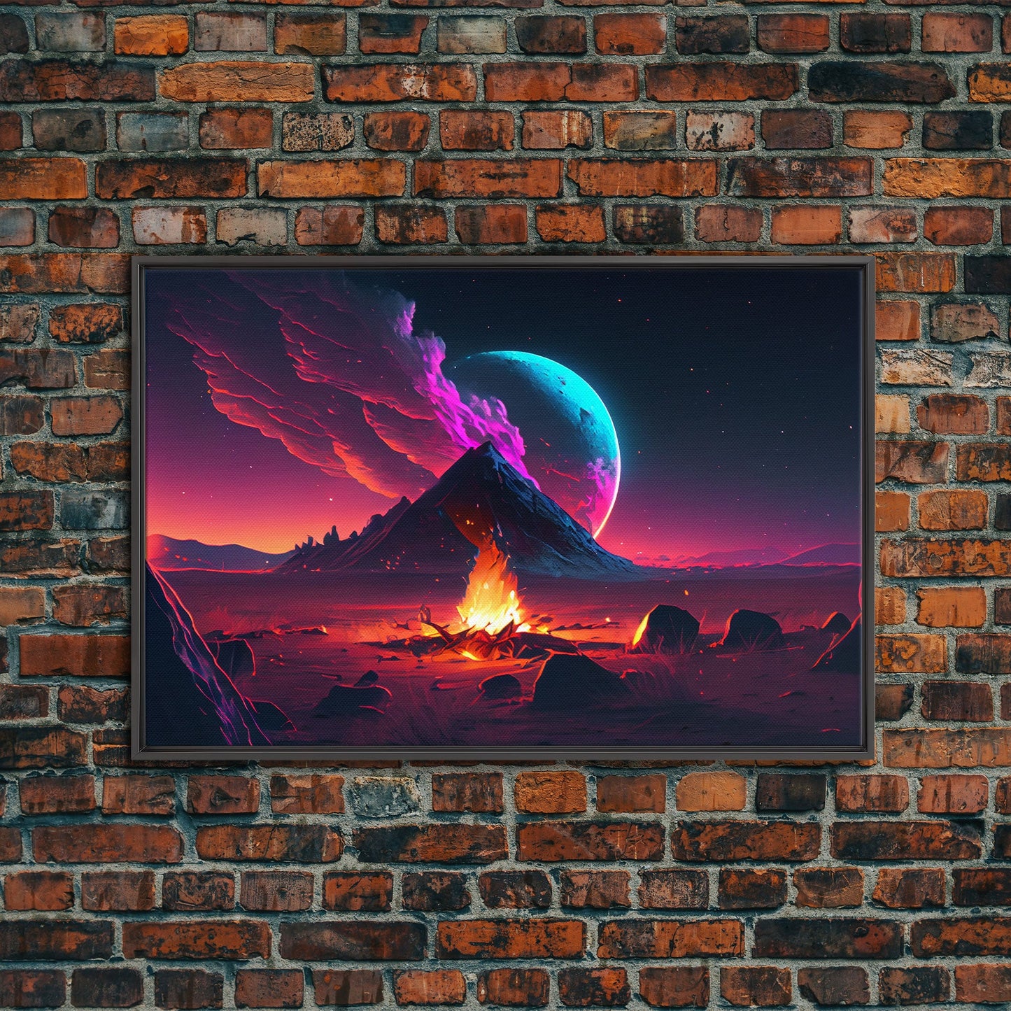 Campfire under a Full Moon, Framed canvas print, retro synthwave / outrun style primitive home decor