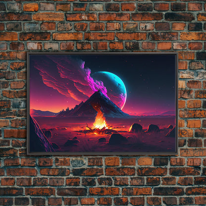 Campfire under a Full Moon, Framed canvas print, retro synthwave / outrun style primitive home decor
