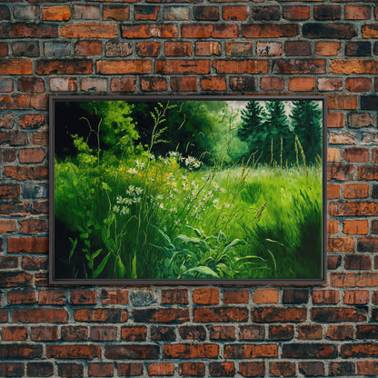 Beautiful field of wildflowers, Emerald green watercolor, framed canvas print, living room wall decor
