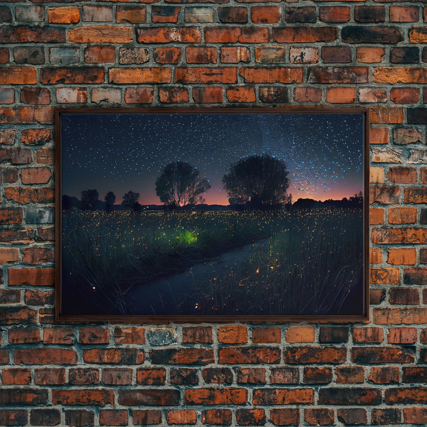 Fireflies light up the Oklahoma Prairie under a Starry night sky, framed canvas print