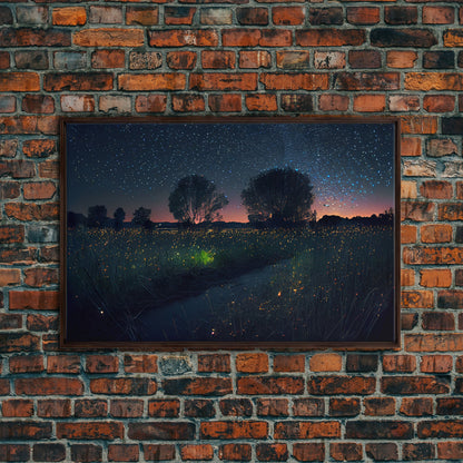 Fireflies light up the Oklahoma Prairie under a Starry night sky, framed canvas print