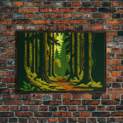 Among The Tall Trees, Beautiful forest 8 bit pixel art, framed canvas print, game room art