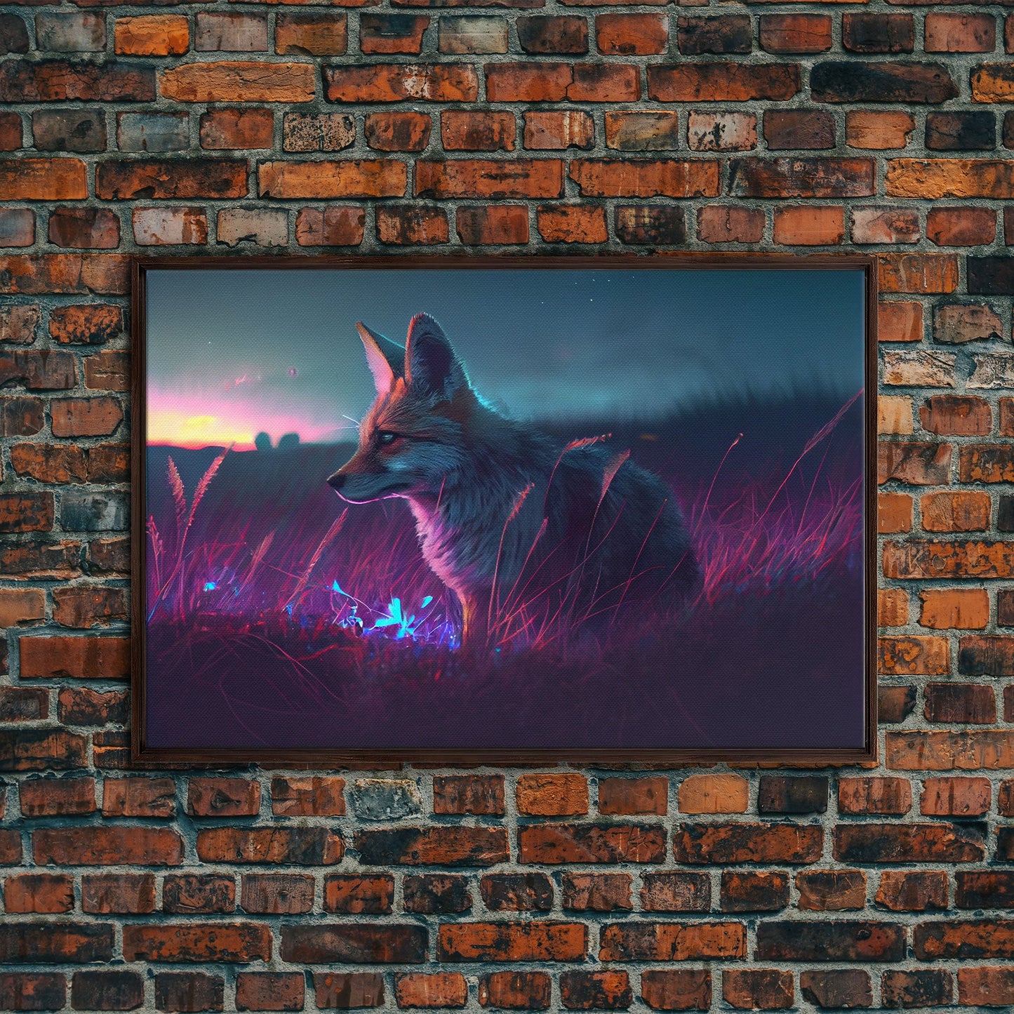 Cute animal prints, vaporwave fox hunting in the tall grass, framed canvas print
