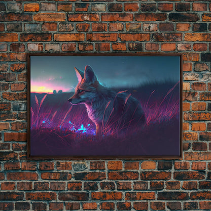Cute animal prints, vaporwave fox hunting in the tall grass, framed canvas print