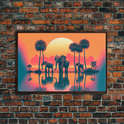 Sun beading down on a family of Elephants, framed canvas print