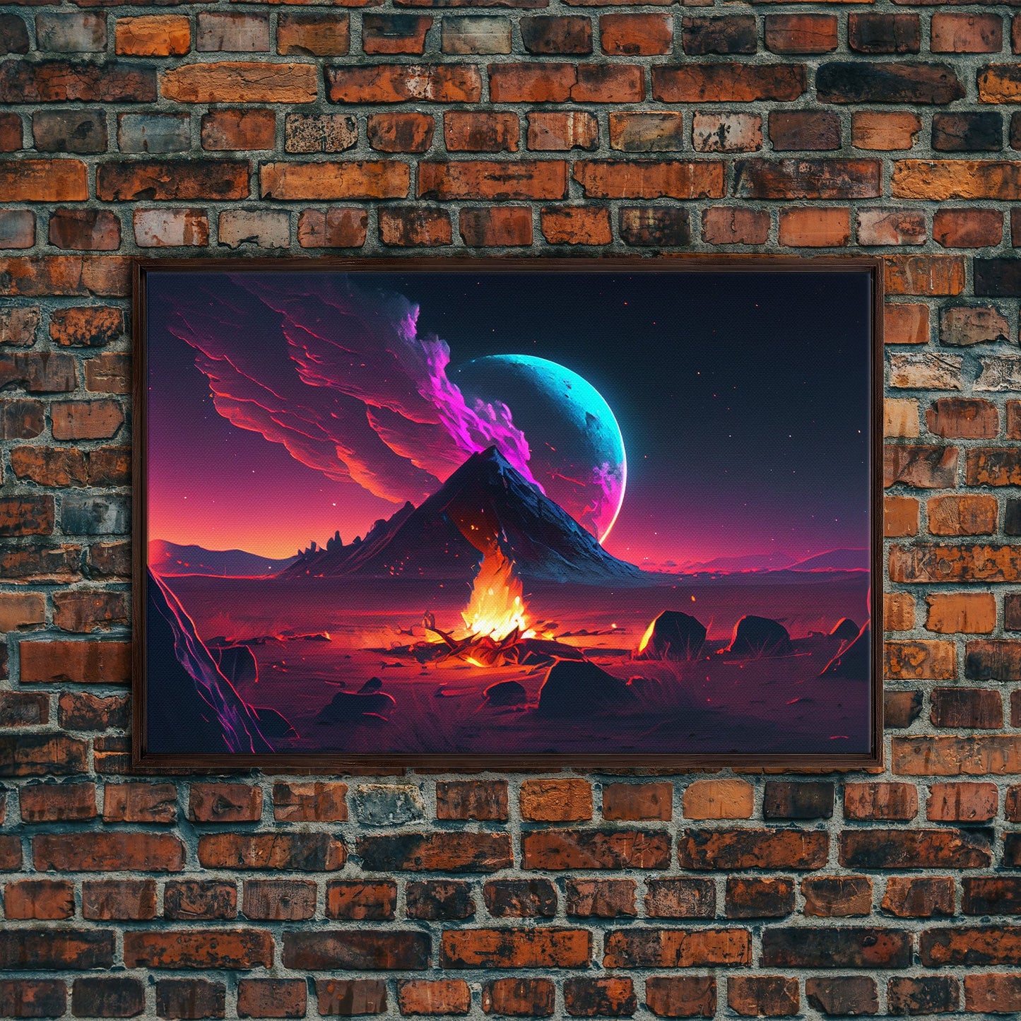 Campfire under a Full Moon, Framed canvas print, retro synthwave / outrun style primitive home decor