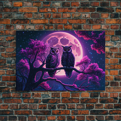 Owls at midnight, full moon and starry night sky, framed canvas print