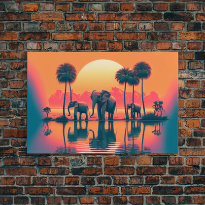 Sun beading down on a family of Elephants, framed canvas print