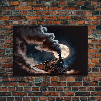 Steampunk Wild West Decor, Steam Train at Midnight, Framed Canvas Print