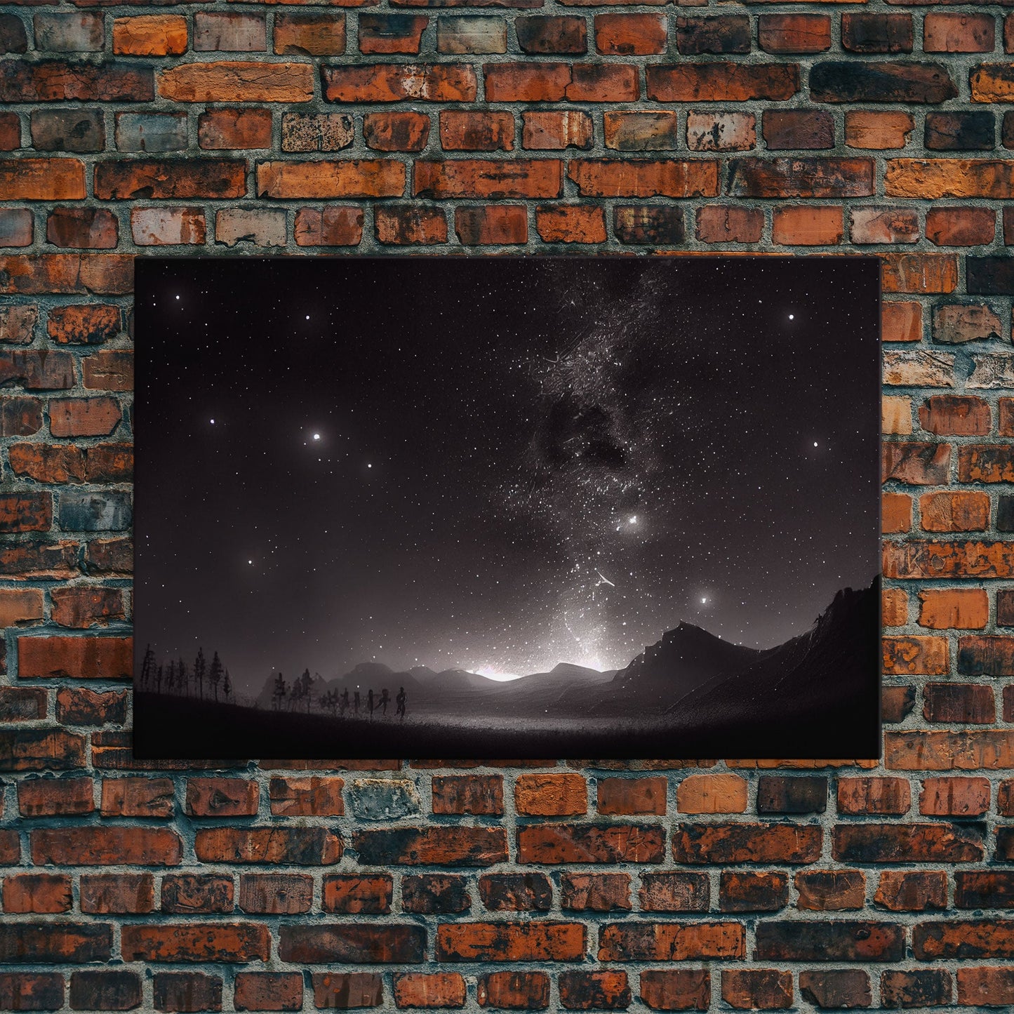 Black and white Watercolor of a starry night sky over a pine forest, framed canvas print