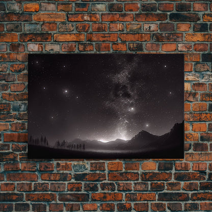 Black and white Watercolor of a starry night sky over a pine forest, framed canvas print