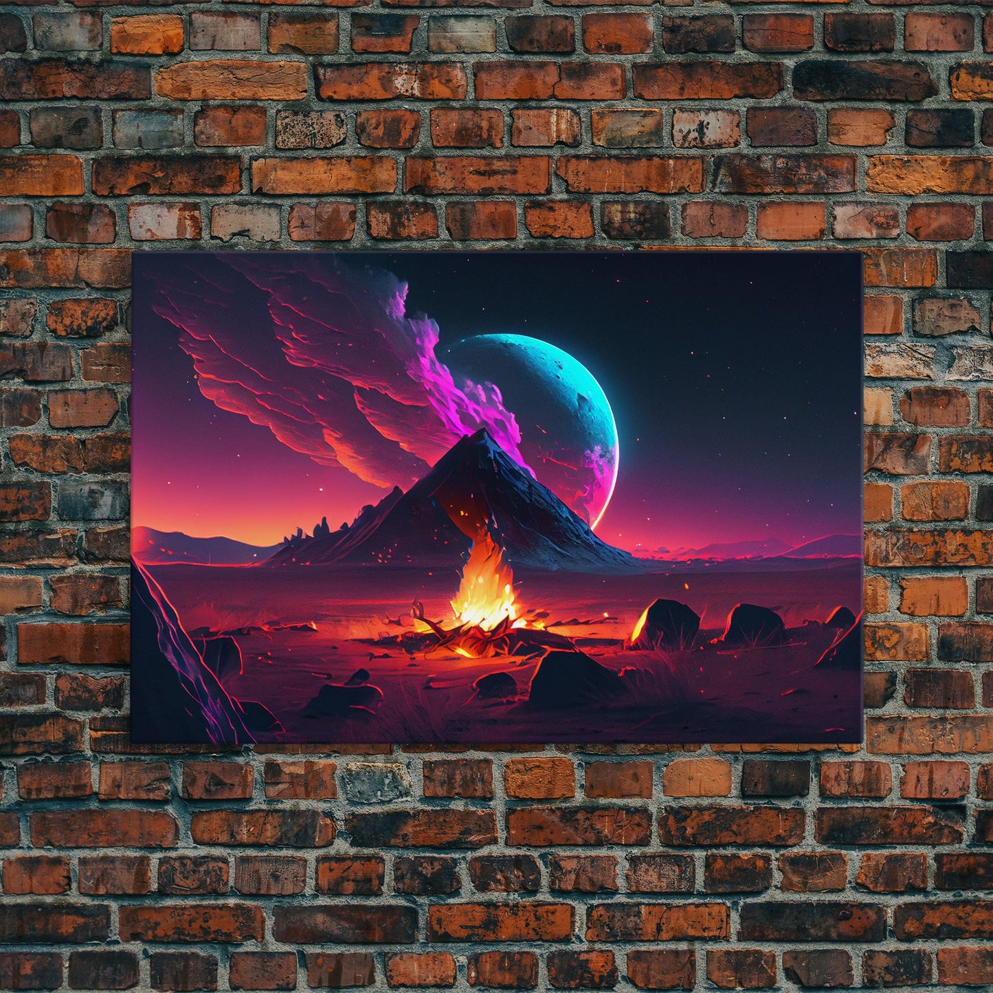 Campfire under a Full Moon, Framed canvas print, retro synthwave / outrun style primitive home decor