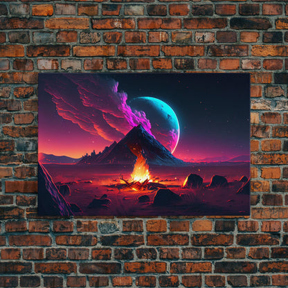 Campfire under a Full Moon, Framed canvas print, retro synthwave / outrun style primitive home decor
