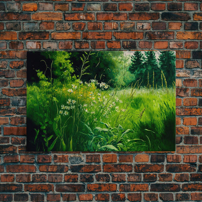 Beautiful field of wildflowers, Emerald green watercolor, framed canvas print, living room wall decor