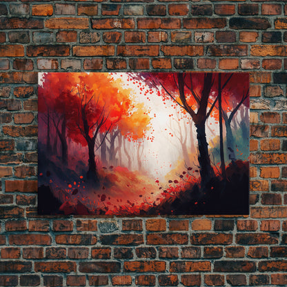 Autumn in the forest, orange and red leaves, framed canvas print, watercolor painting print on canvas, colorful wall art