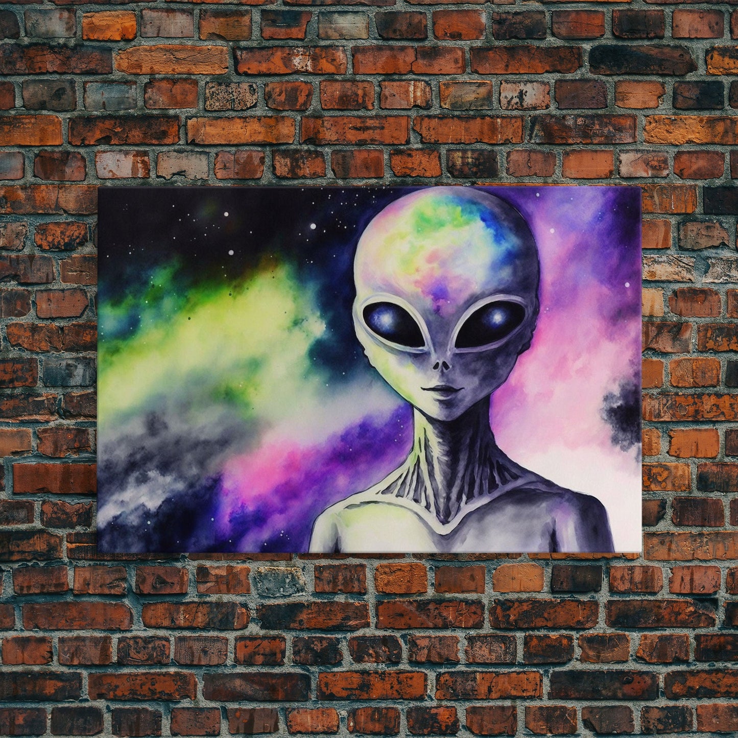 Psychedelic Intergalactic Alien Art, Watercolor Style, Framed Canvas Print, Scifi Wall Art