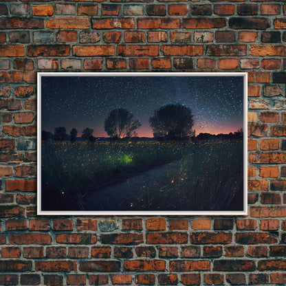 Fireflies light up the Oklahoma Prairie under a Starry night sky, framed canvas print