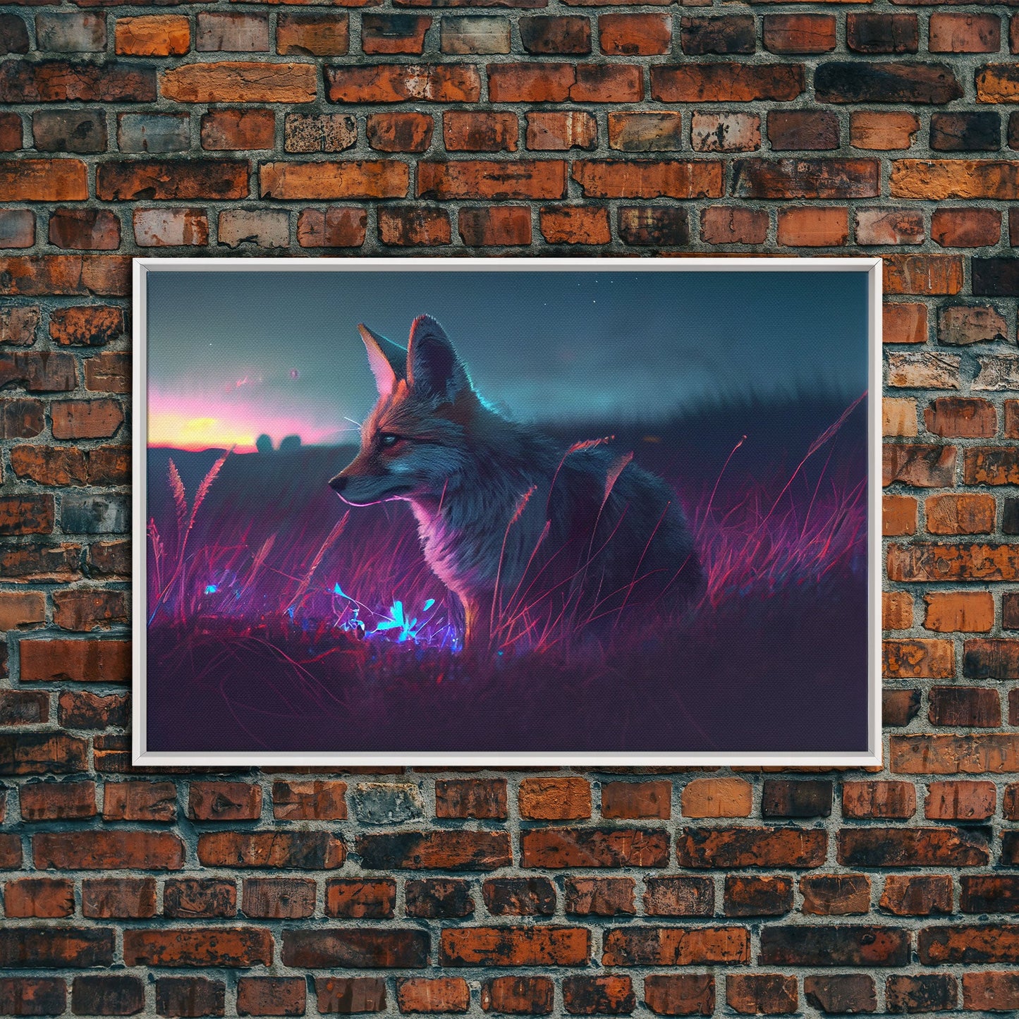 Cute animal prints, vaporwave fox hunting in the tall grass, framed canvas print