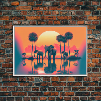 Sun beading down on a family of Elephants, framed canvas print