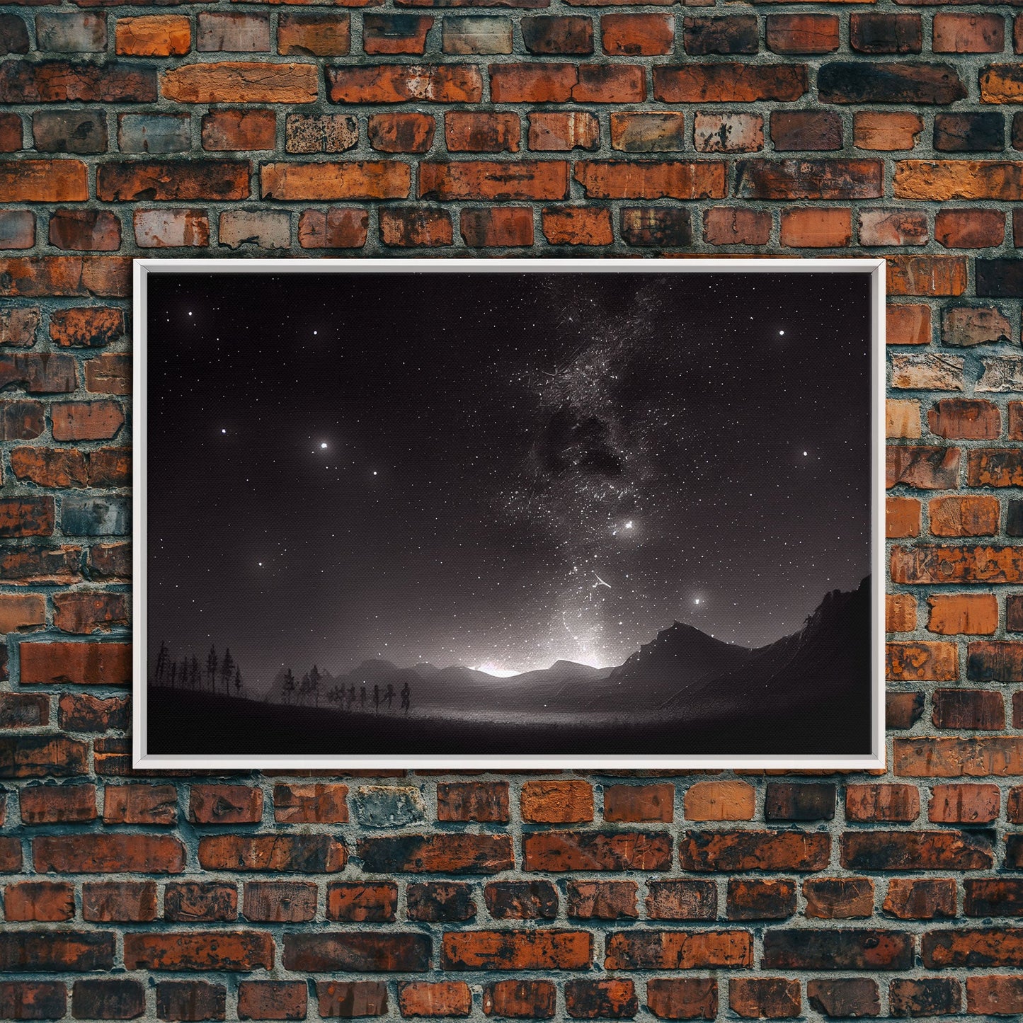 Black and white Watercolor of a starry night sky over a pine forest, framed canvas print