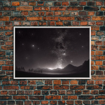 Black and white Watercolor of a starry night sky over a pine forest, framed canvas print