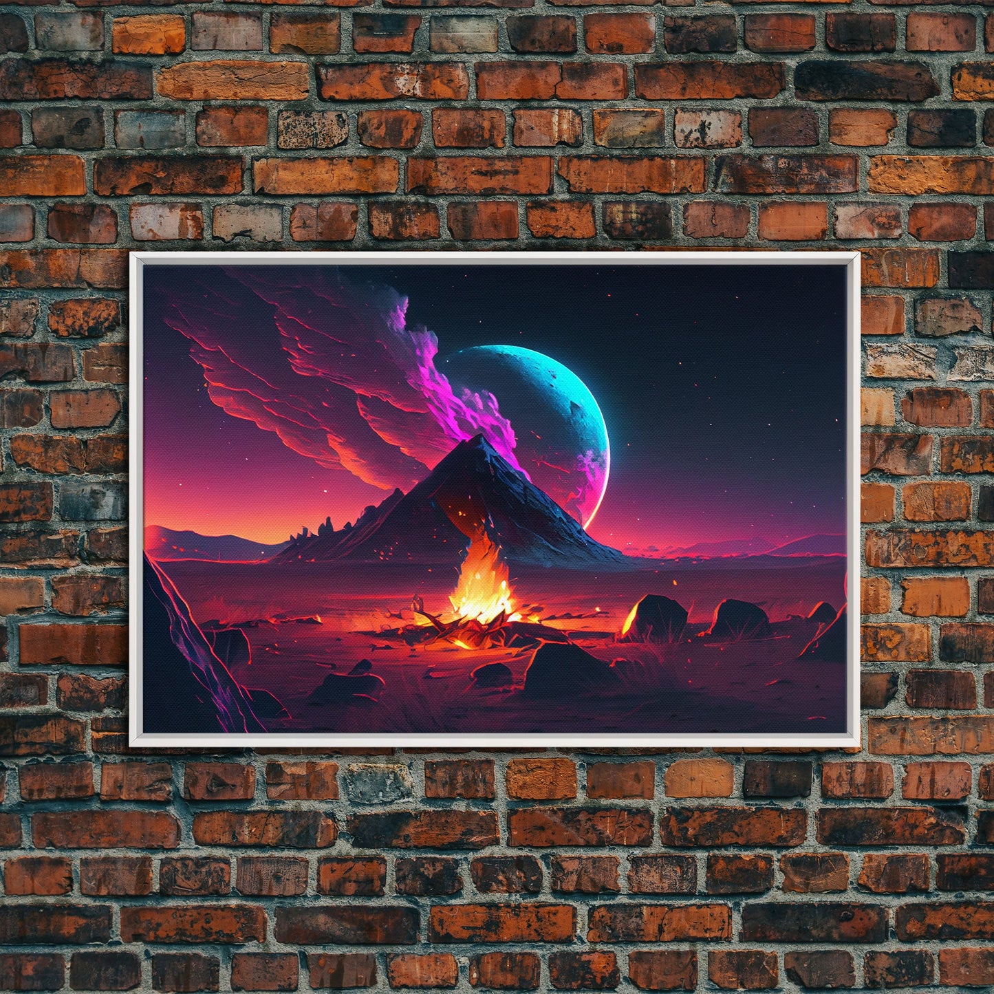 Campfire under a Full Moon, Framed canvas print, retro synthwave / outrun style primitive home decor