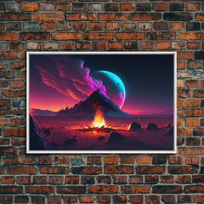 Campfire under a Full Moon, Framed canvas print, retro synthwave / outrun style primitive home decor