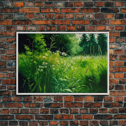Beautiful field of wildflowers, Emerald green watercolor, framed canvas print, living room wall decor
