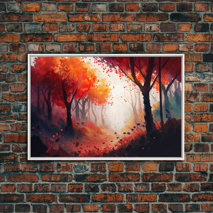 Autumn in the forest, orange and red leaves, framed canvas print, watercolor painting print on canvas, colorful wall art