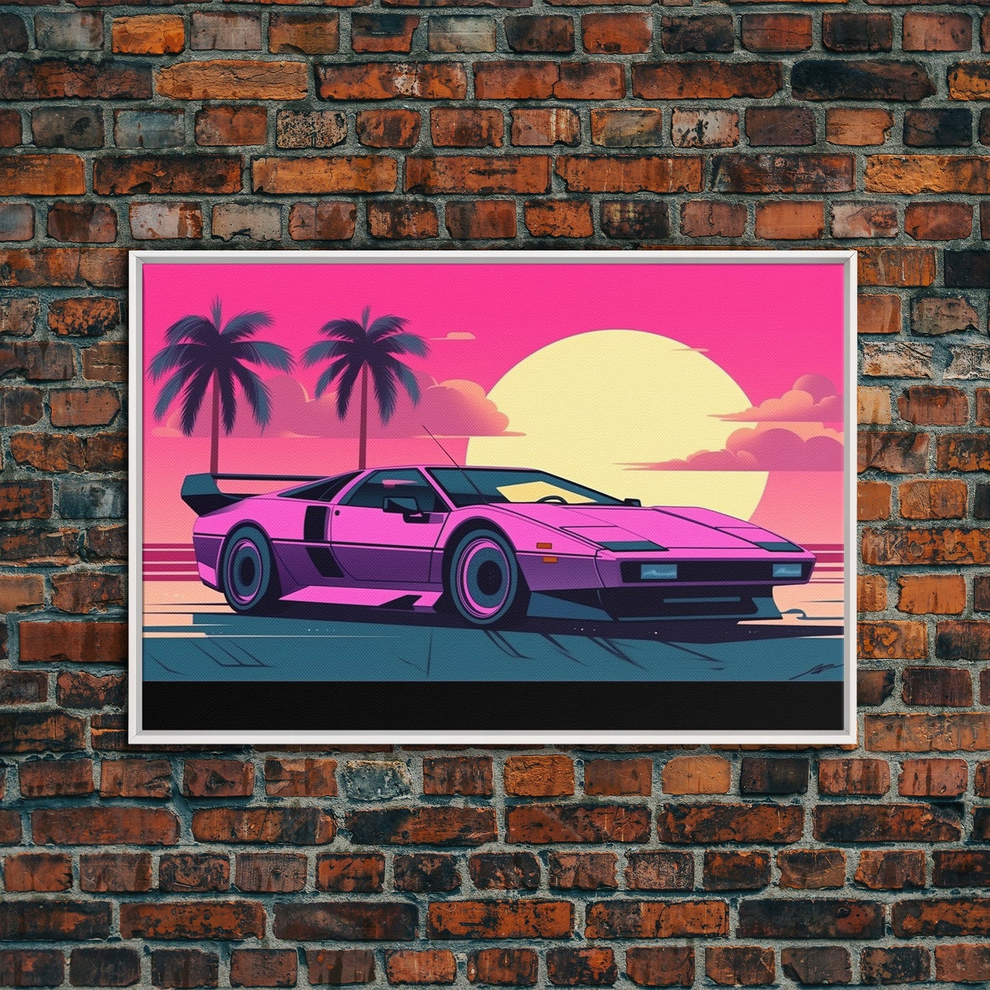 Classic sport car Wall Art, Framed Canvas Print, Guest room art, Beautiful sunset, Synthwave Style, Pink Colors, Pop Art Style, Tropical art