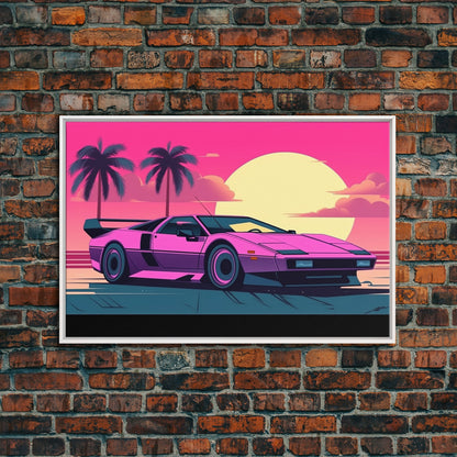 Classic sport car Wall Art, Framed Canvas Print, Guest room art, Beautiful sunset, Synthwave Style, Pink Colors, Pop Art Style, Tropical art