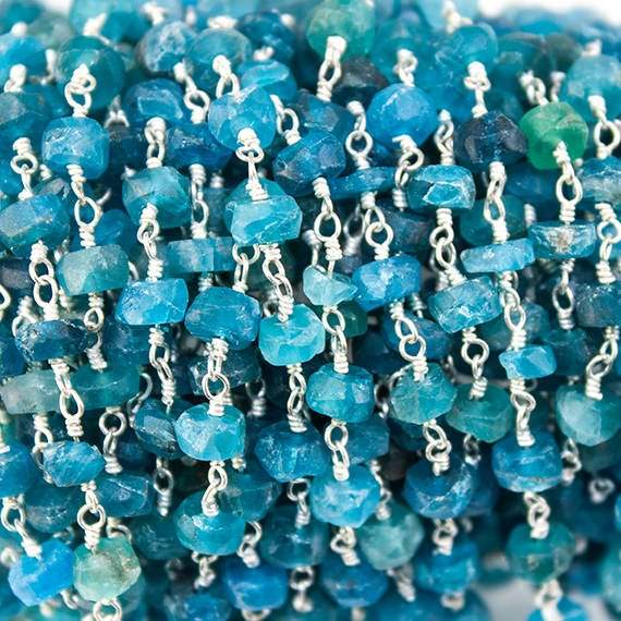 4-4.5mm Frosted Neon Apatite plain rondelle Silver plated Chain by the foot