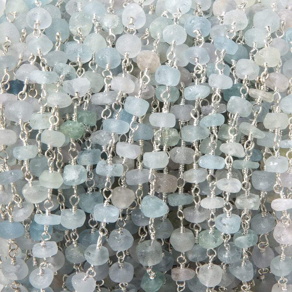4-4.5mm Matte Aquamarine & Beryl rondelle Silver Chain by the foot 25 pcs
