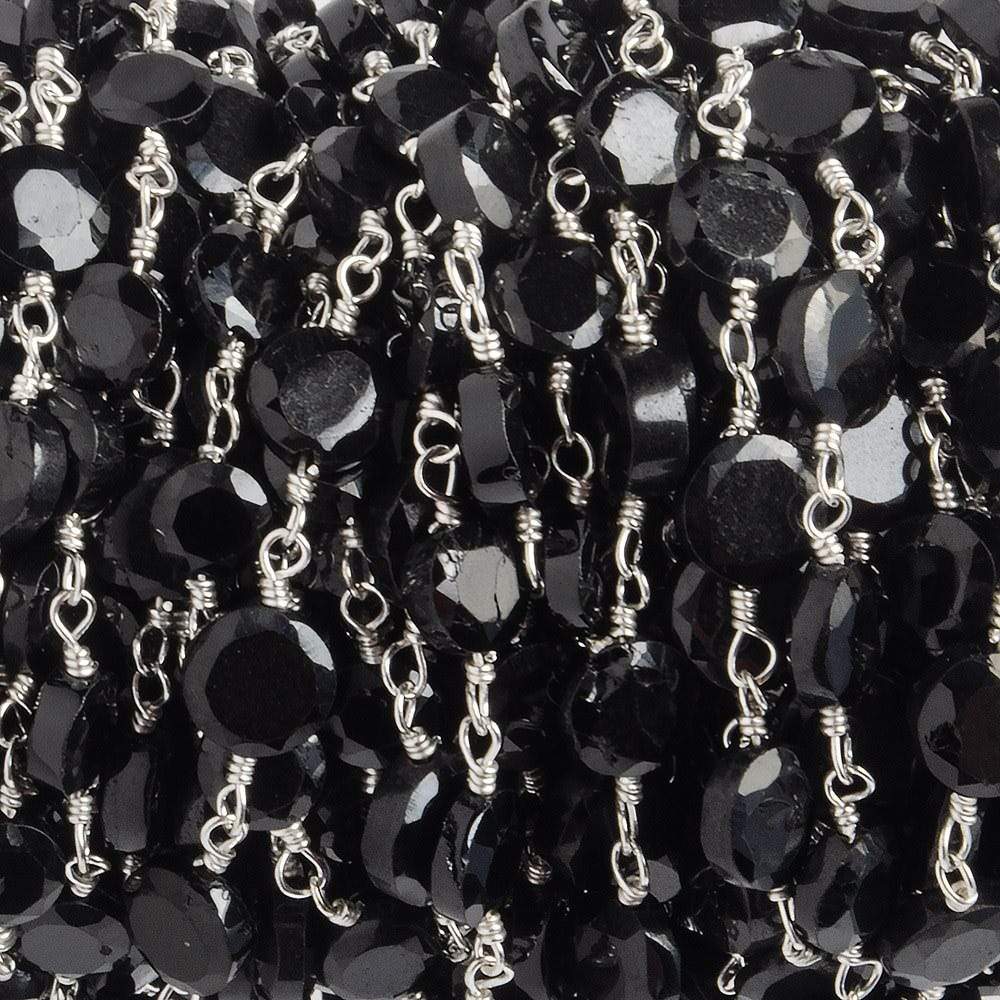 4-5mm Black Spinel Bezel Faceted Coins on Silver Plated Chain by the foot 27 pcs