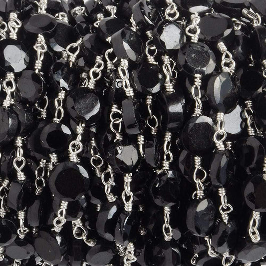 4-5mm Black Spinel Bezel Faceted Coins on Silver Plated Chain by the foot 27 pcs