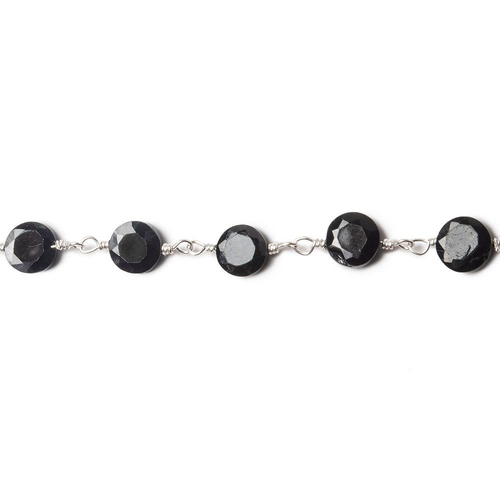 4-5mm Black Spinel Bezel Faceted Coins on Silver Plated Chain by the foot 27 pcs
