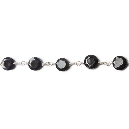 4-5mm Black Spinel Bezel Faceted Coins on Silver Plated Chain by the foot 27 pcs