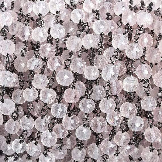 4-5mm Rose Quartz faceted round Black Gold .925 Chain by the foot 34 beads