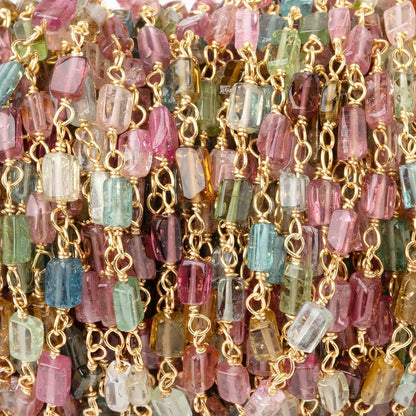 4-6mm Multi Color Tourmaline Plain Rectangles on Vermeil Chain