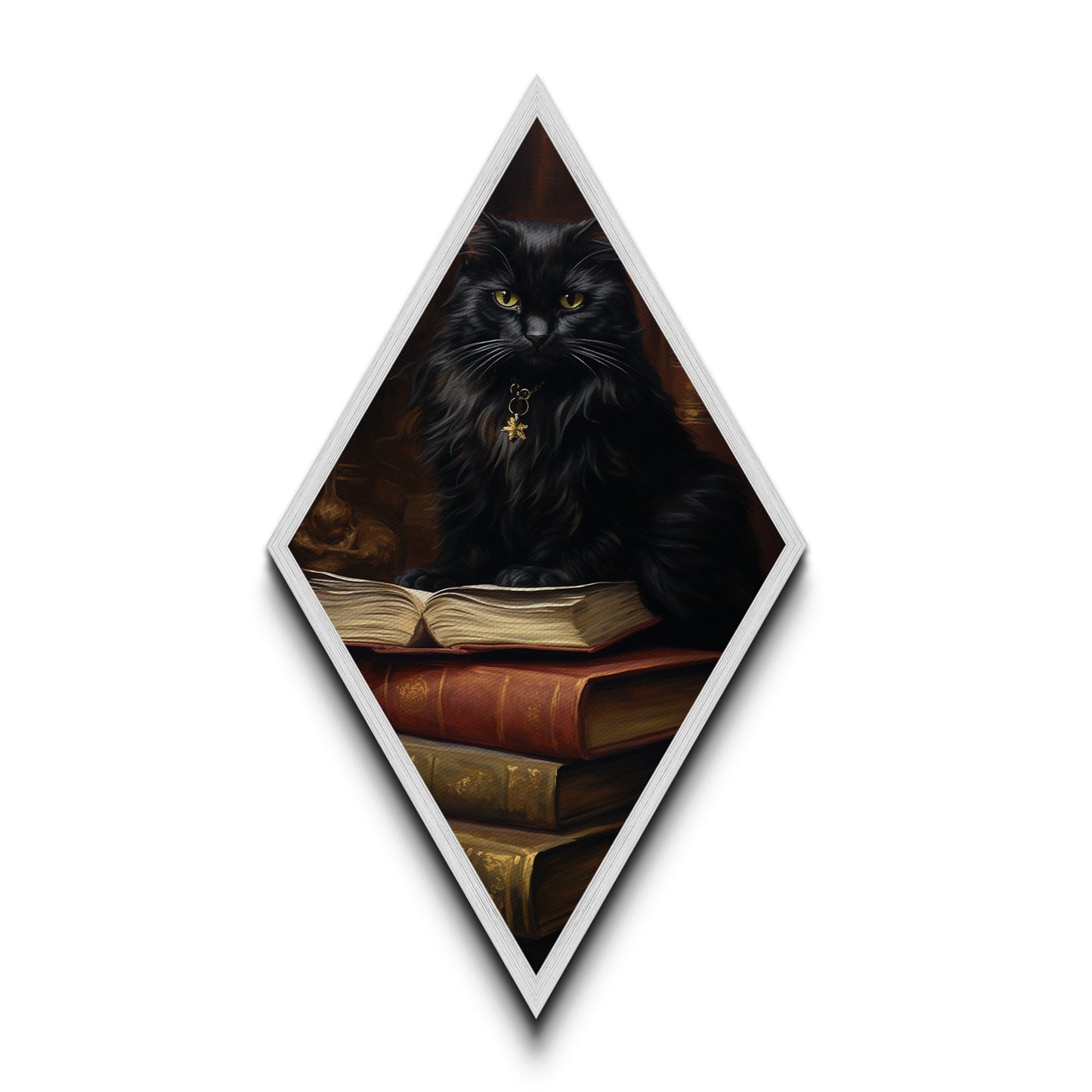 Black Cat with Spellbook and Antique Library Canvas Art Print, Dark Academia Diamond Shaped Art for Halloween Gothic Witch Decor