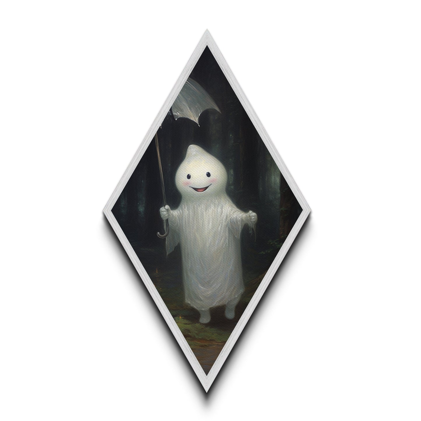 Mysterious Ghost with Umbrella Diamond Shaped Art in Pumpkin Patch Halloween Canvas Art Print Dark Academia Spooky Forest Theme