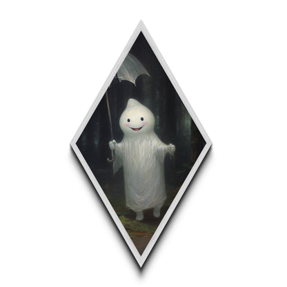 Mysterious Ghost with Umbrella Diamond Shaped Art in Pumpkin Patch Halloween Canvas Art Print Dark Academia Spooky Forest Theme