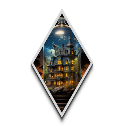 Viktorianisches Spukhaus in der Abenddämmerung – Rautenförmiger Kunstdruck auf Leinwand mit leuchtenden Fenstern – gotische Halloween-Dekoration