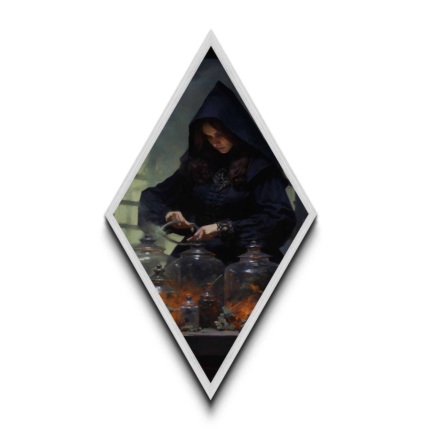 Viktorianische Hexe braut Zaubersprüche – Diamantförmiges Kunstwerk für Halloween – Leinwanddruck im düsteren Gothic-Stil