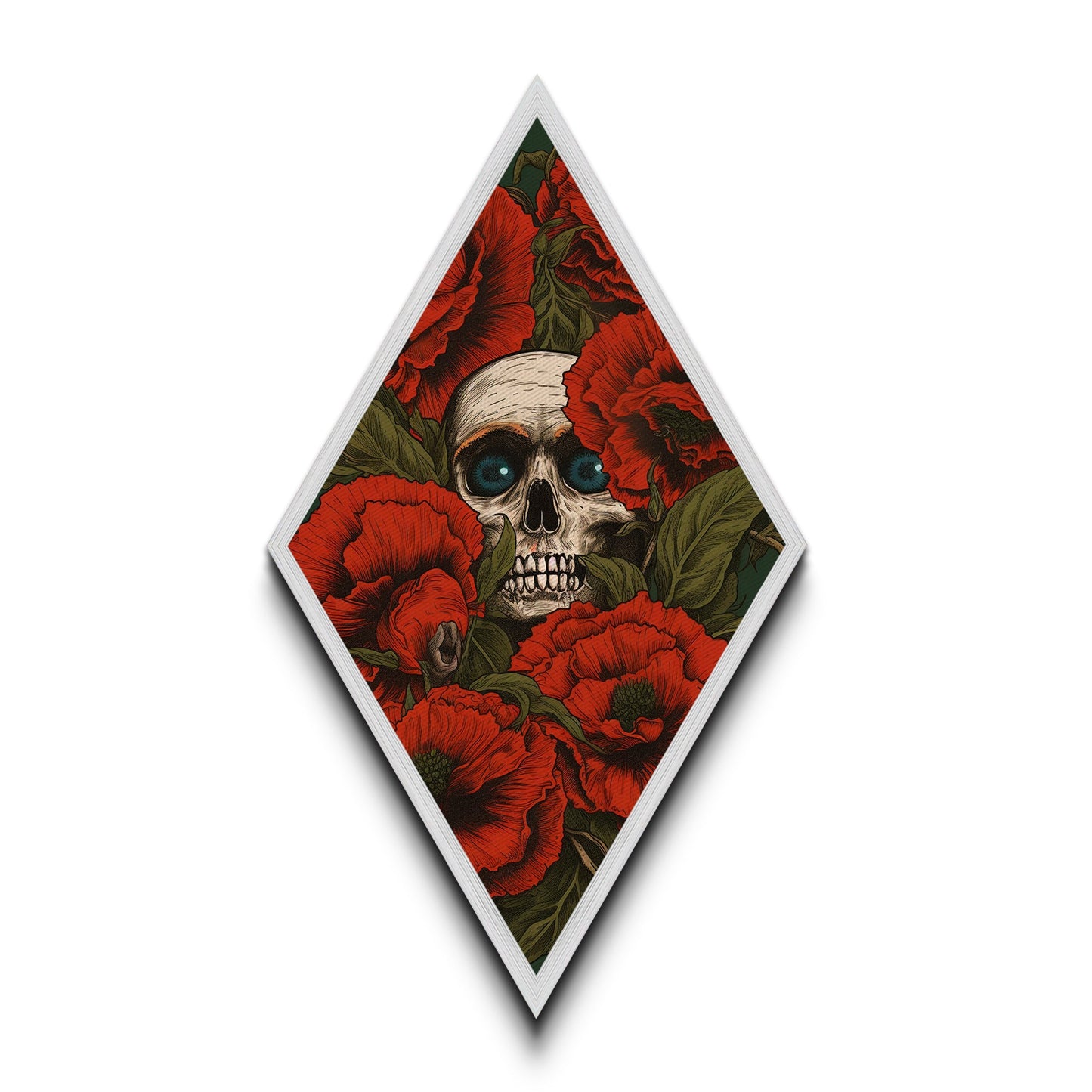 The Skull Amongst The Red Flowers, Spooky Halloween Wall Art, Diamond Shaped Art, Creepy Home Decor