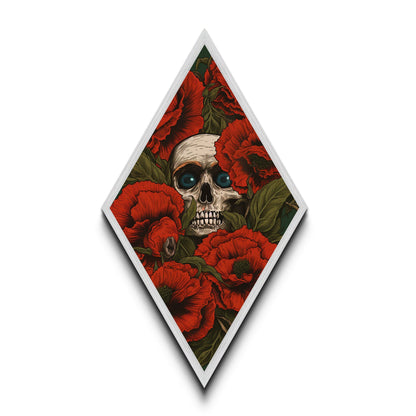 The Skull Amongst The Red Flowers, Spooky Halloween Wall Art, Diamond Shaped Art, Creepy Home Decor