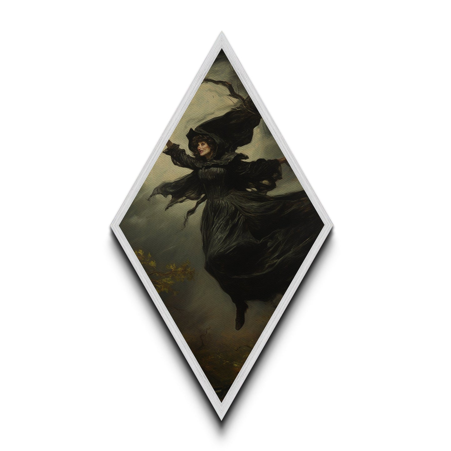 Die fliegende Hexe, gerahmter Leinwanddruck, unheimliche gotische viktorianische Wandkunst, Gemälde einer Hexe aus Dark Academia