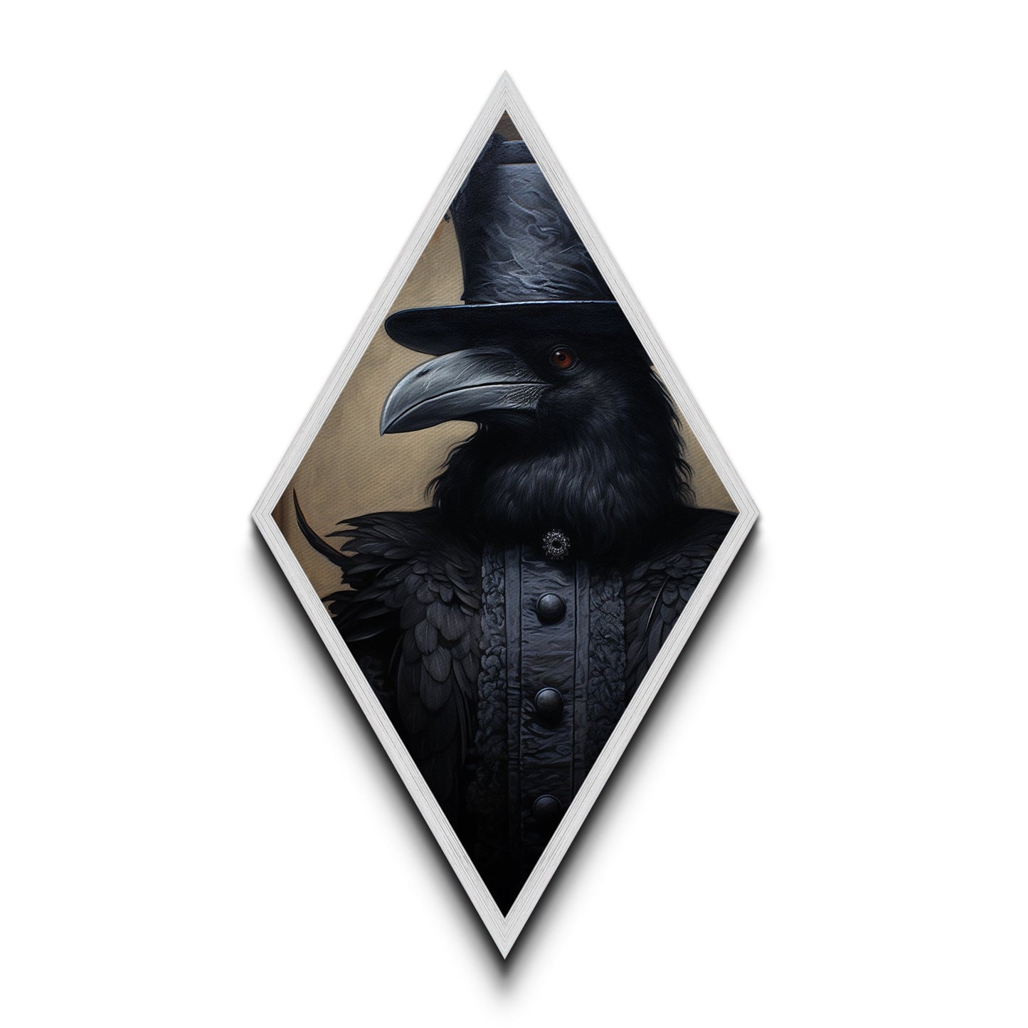 Baroque Raven in Charcoal Black Brocade Diamond Shaped Art Canvas Embossed Print Halloween Gothic Decor Dark Academia Style